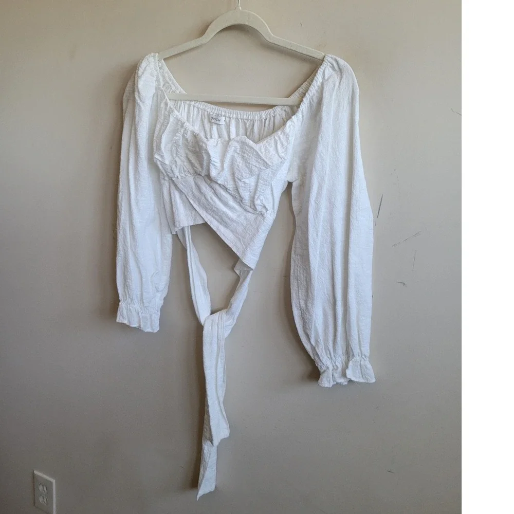 DISSH White Cotton Wrap Tie Back Crop Top Long Sleeve Off Shoulder Gauze Size 10